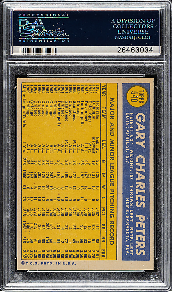 1970 Topps #540 Gary Peters PSA GEM MINT 10 - 1 of 2!