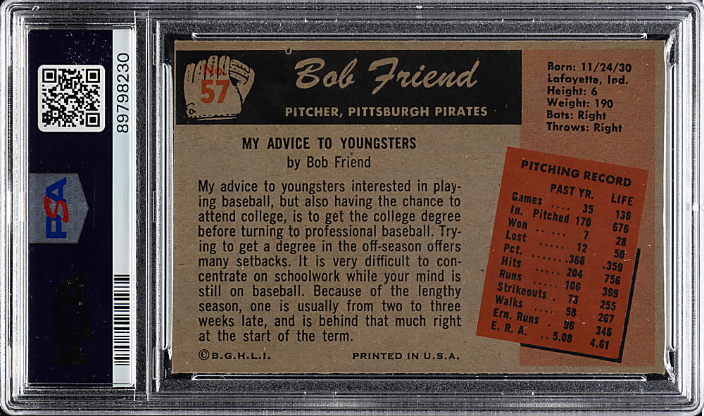 1955 Bowman #57 Bob Friend PSA MINT 9 - Highest Graded!