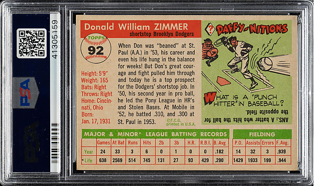 1955 Topps #92 Don Zimmer PSA MINT 9 - 1 of 3 - Highest Graded!
