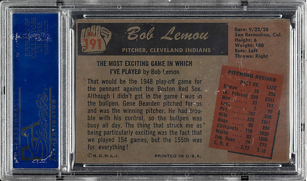 1955 Bowman #191 Bob Lemon PSA MINT 9 - Highest Graded!