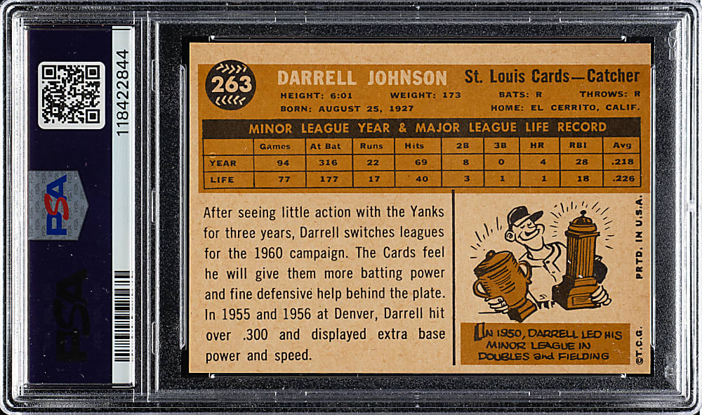 1960 Topps #263 Darrell Johnson PSA MINT 9 - Highest Graded!