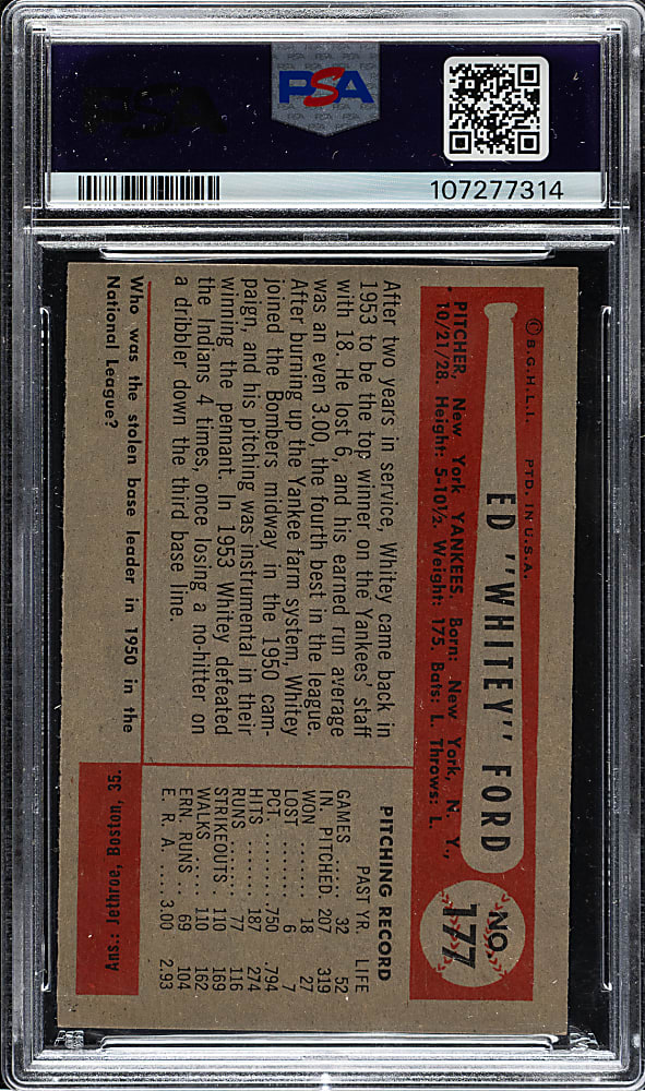 1954 Bowman #177 Whitey Ford PSA MINT 9