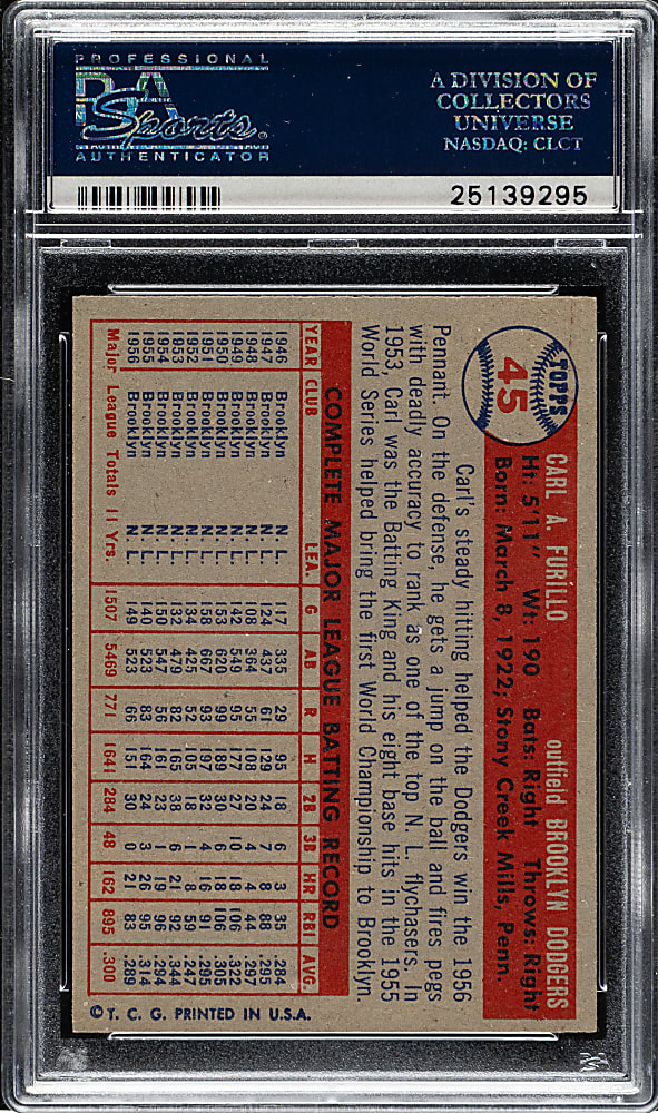 1957 Topps #45 Carl Furillo PSA MINT 9 - Highest Graded!