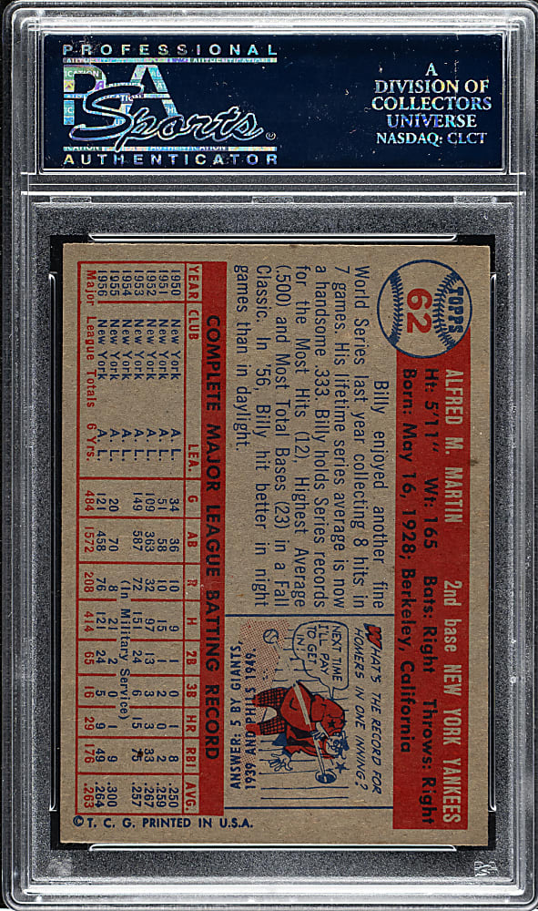 1957 Topps #62 Billy Martin PSA MINT 9 - Highest Graded!