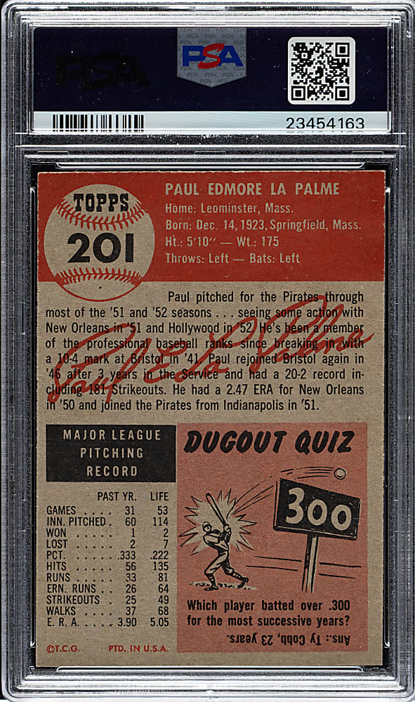 1953 Topps #201 Paul LaPalme PSA MINT 9