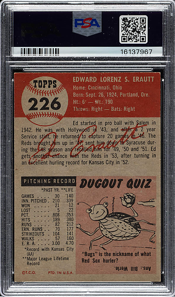 1953 Topps #226 Ed Erautt PSA MINT 9 - 1 of 4 - Highest Graded!