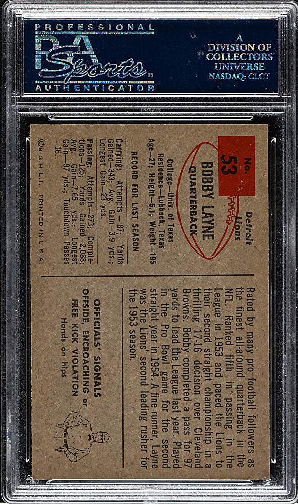 1954 Bowman Football #53 Bobby Layne PSA MINT 9