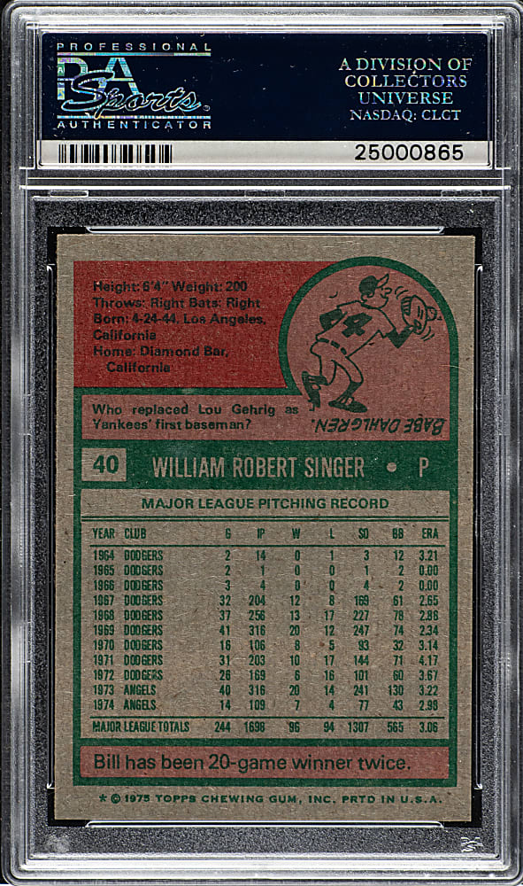 1975 Topps #40 Bill Singer PSA GEM MINT 10