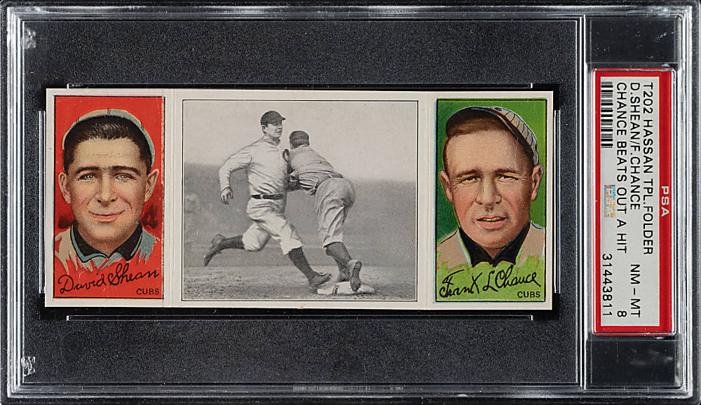 1912 T202 Hassan Triple Folder "Chance Beats Out a Hit" Frank Chance/Shean PSA NM-MT 8