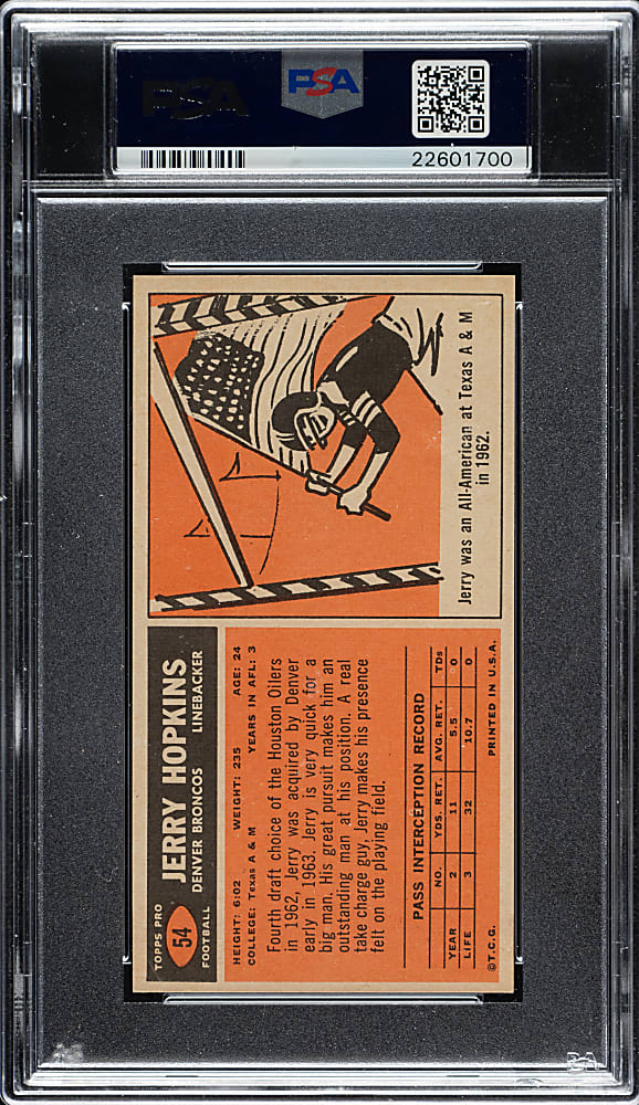 1965 Topps Football #54 Jerry Hopkins PSA NM-MT 8