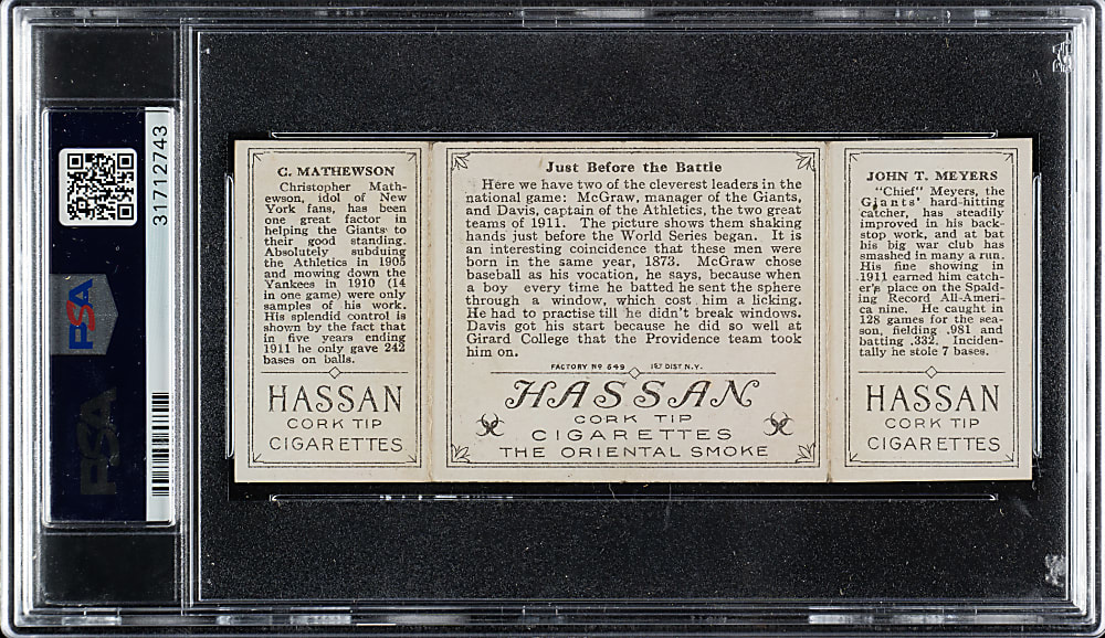 1912 T202 Hassan Triple Folder "Just Before The Battle" Christy Mathewson/Meyers PSA NM 7