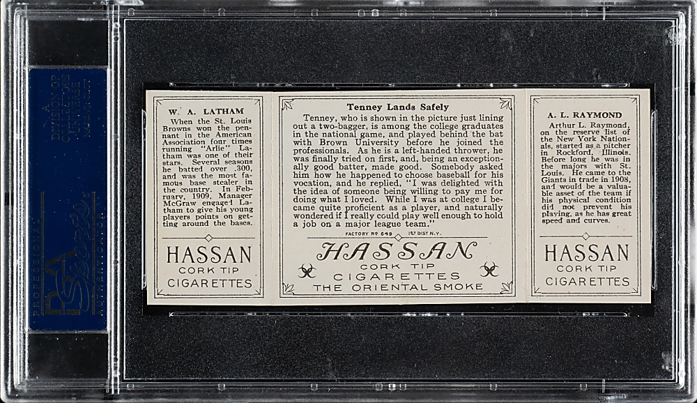 1912 T202 Hassan Triple Folder "Tenney Lands Safely" Raymond/Latham PSA NM 7