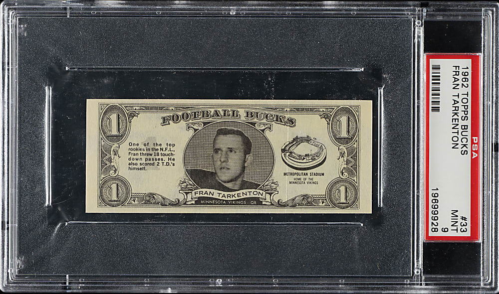 1962 Topps "Football Bucks" #33 Fran Tarkenton PSA MINT 9 - 1 of 2 - Highest Graded!