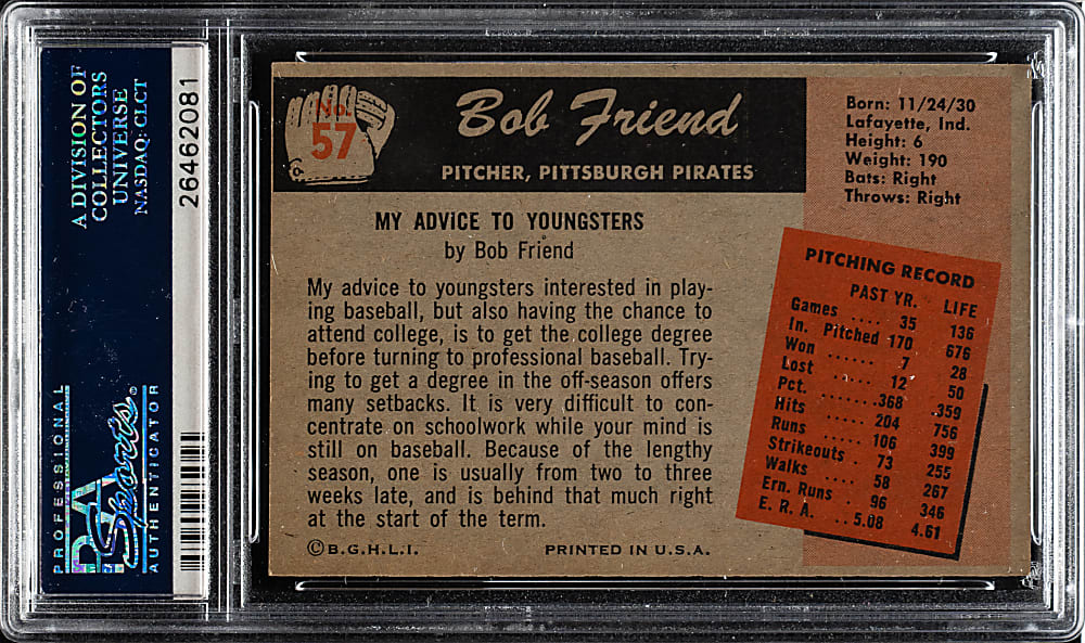 1955 Bowman #57 Bob Friend PSA MINT 9 - 1 of 5 - Highest Graded!