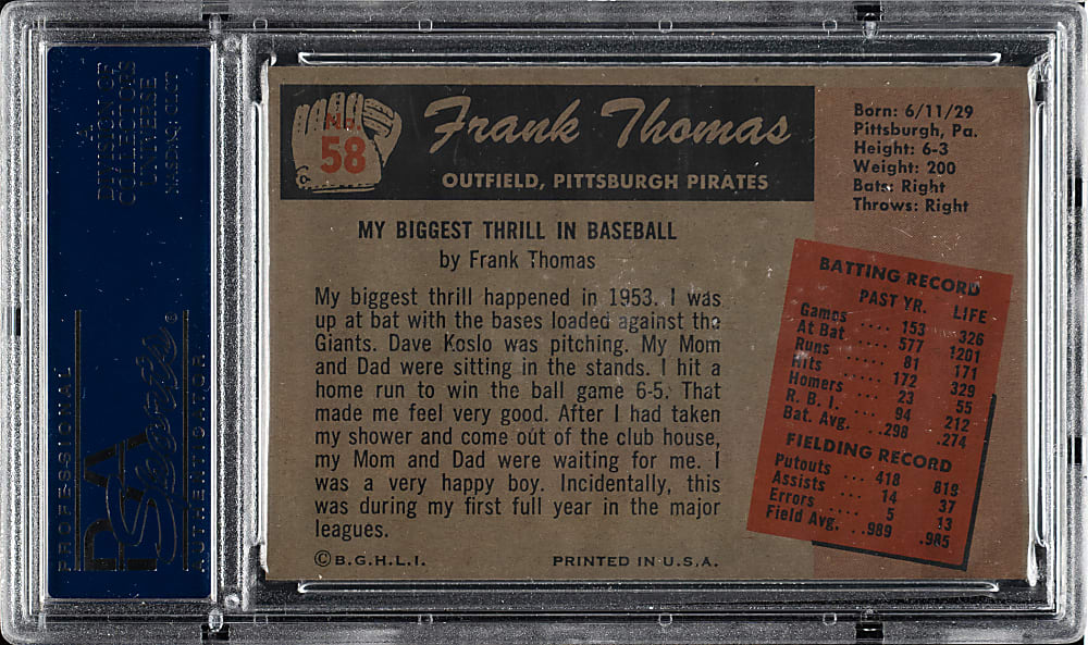 1955 Bowman #58 Frank Thomas PSA MINT 9 - 1 of 4 - Highest Graded!