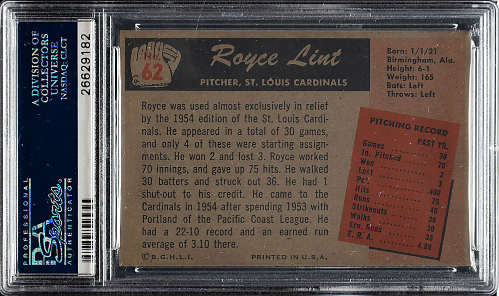 1955 Bowman #62 Royce Lint PSA MINT 9 - 1 of 3 - Highest Graded!