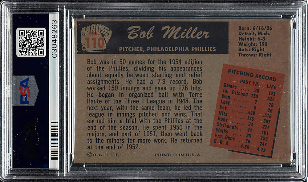 1955 Bowman #110 Bob Miller PSA MINT 9 - 1 of 4 - Highest Graded!