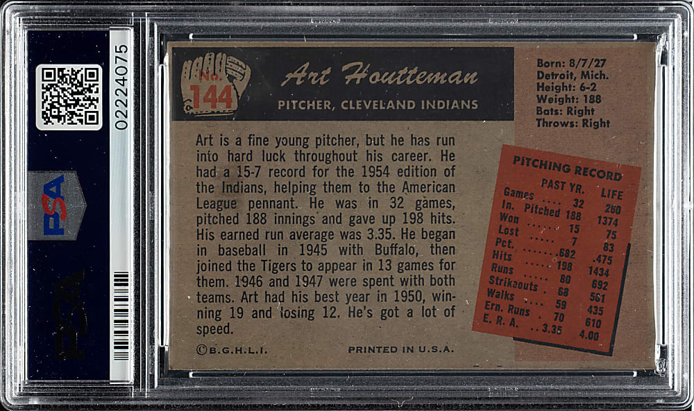 1955 Bowman #144 Art Houtteman PSA MINT 9 - 1 of 3 - Highest Graded!