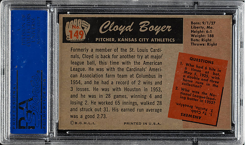 1955 Bowman #149 Cloyd Boyer PSA MINT 9 - 1 of 6 - Highest Graded!