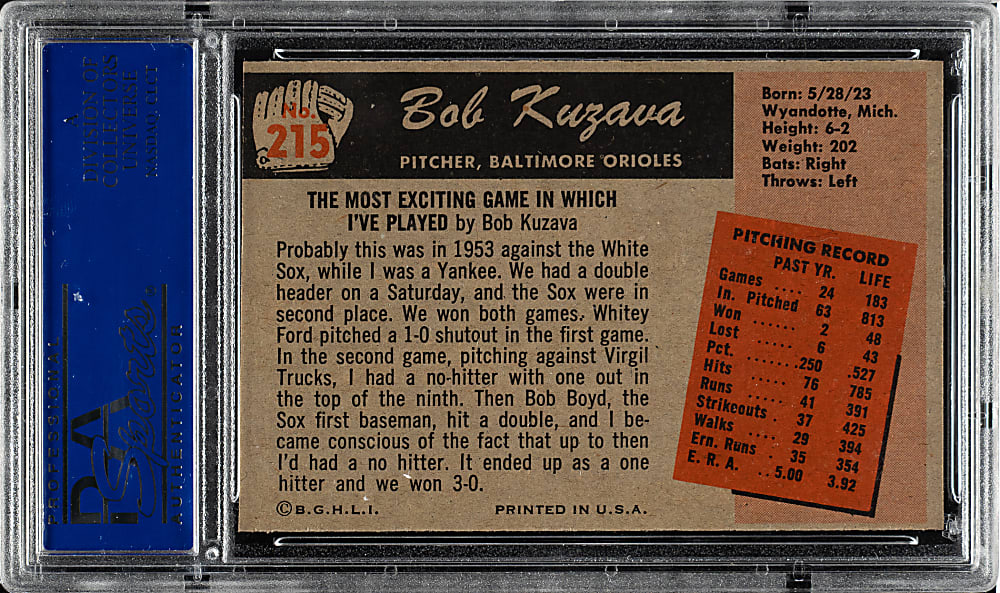 1955 Bowman #215 Bob Kuzava PSA MINT 9 - 1 of 5!