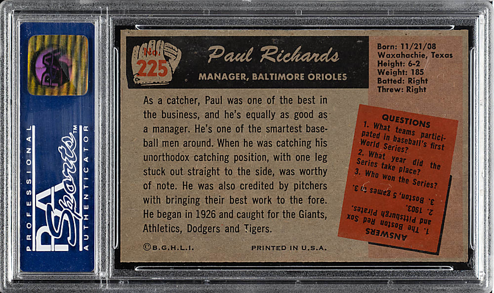 1955 Bowman #225 Paul Richards PSA NM-MT 8