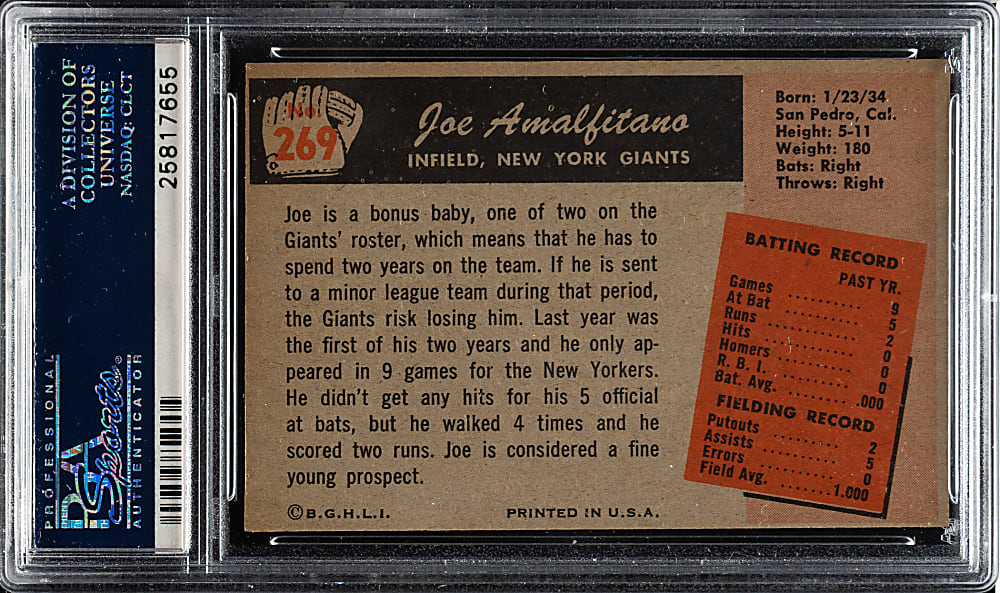 1955 Bowman #269 Joe Amalfitano PSA MINT 9 - 1 of 3 - Highest Graded!