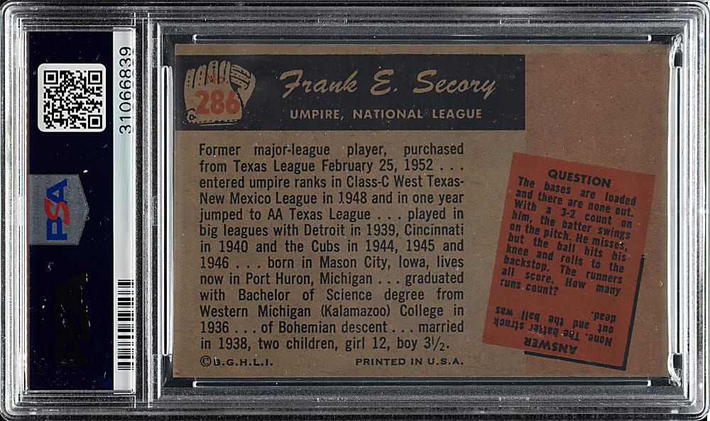 1955 Bowman #286 Frank E. Secory PSA MINT 9 - 1 of 3 - Highest Graded!