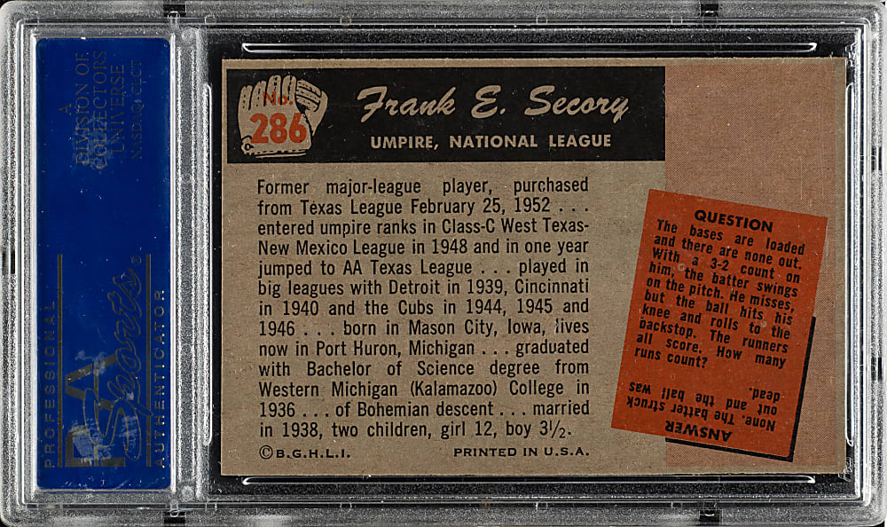 1955 Bowman #286 Frank Secory PSA MINT 9