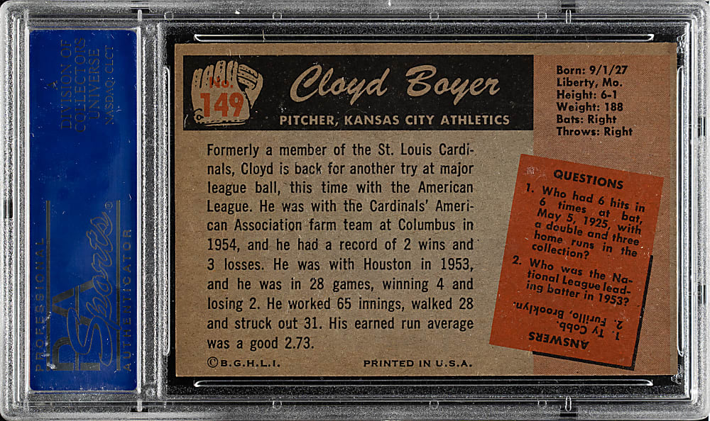 1955 Bowman #149 Cloyd Boyer PSA MINT 9