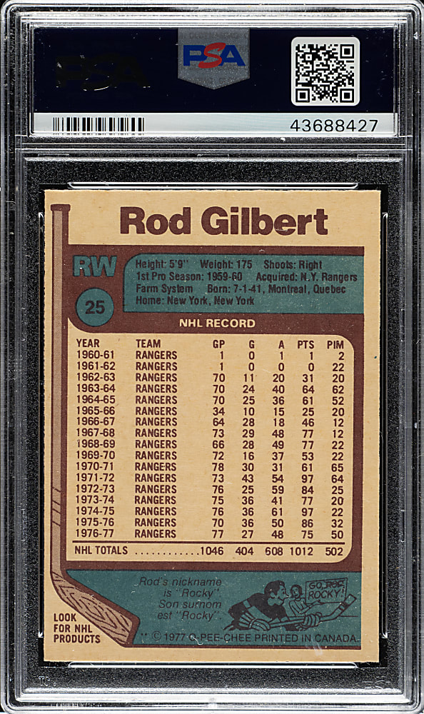 1977-1978 O-Pee-Chee Hockey #25 Rod Gilbert PSA GEM MINT 10