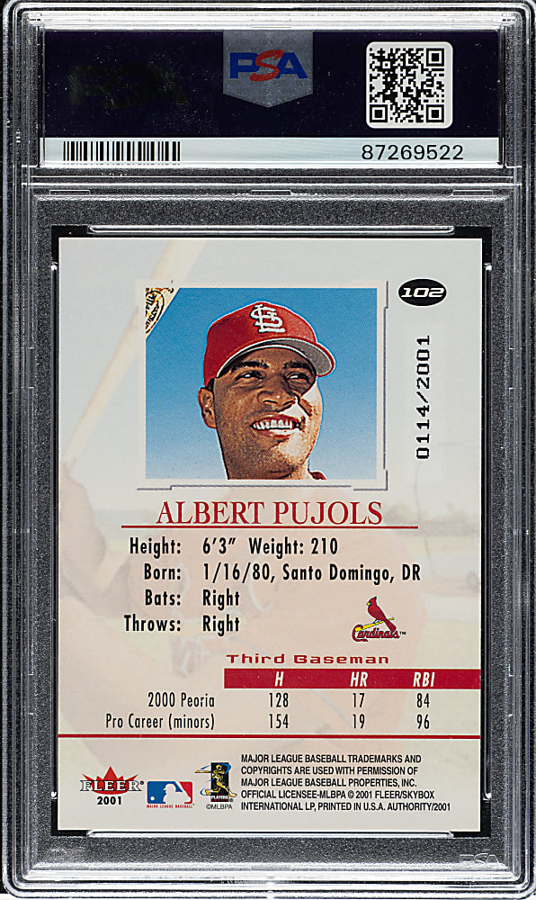 2001 Fleer Authority #102 Albert Pujols Rookie #114/2,001 PSA GEM MINT 10
