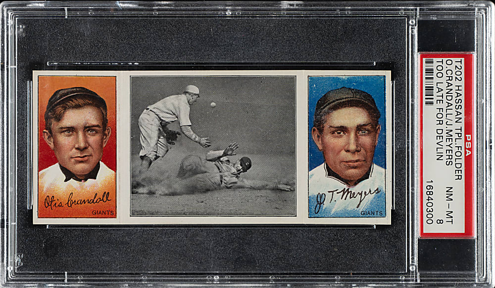 1912 T202 Hassan Triple Folder "Too Late For Devlin" Crandall/Meyers PSA NM-MT 8