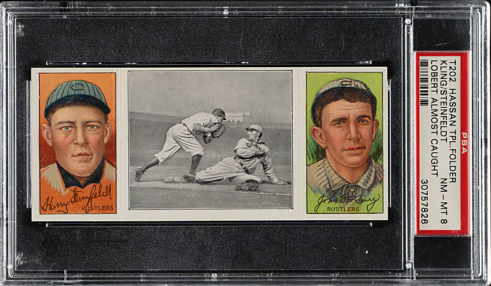 1912 T202 Hassan Triple Folder "Lobert Almost Caught" Kling/Steinfeldt PSA NM-MT 8