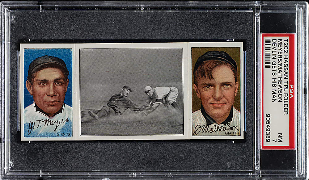 1912 T202 Hassan Triple Folder "Devlin Gets His Man" Christy Mathewson/Meyers PSA NM 7