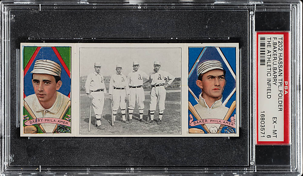 1912 T202 Hassan Triple Folder "The Athletic Infield" Barry/Frank "Home Run" Baker PSA EX-MT 6
