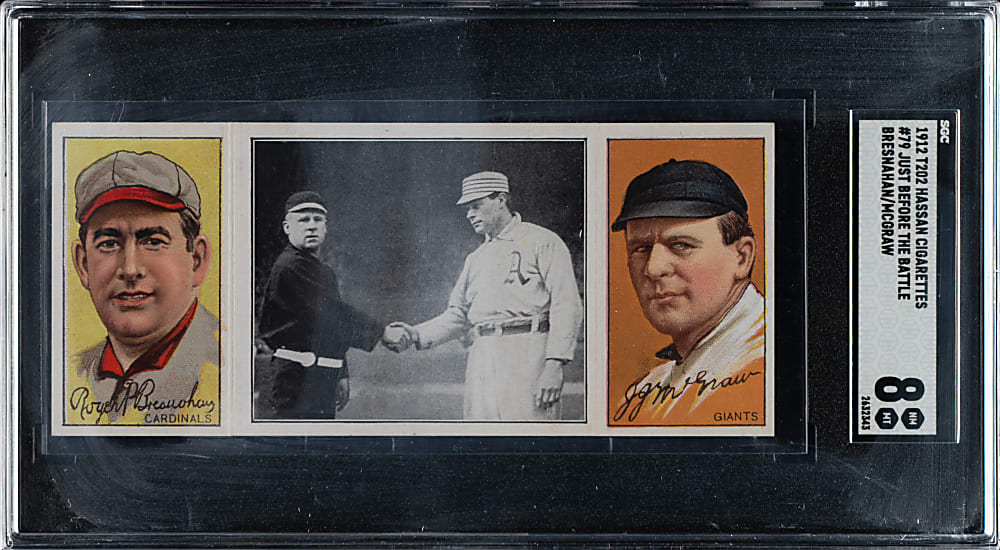 1912 T202 Hassan Triple Folder "Just Before the Battle" Roger Bresnahan/John McGraw SGC NM/MT 8