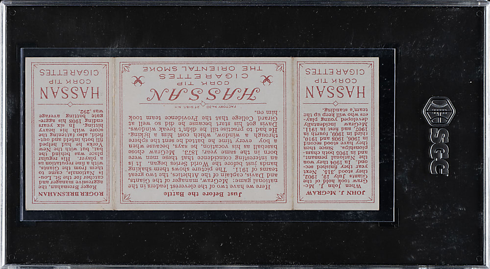 1912 T202 Hassan Triple Folder "Just Before the Battle" Roger Bresnahan/John McGraw SGC NM/MT 8