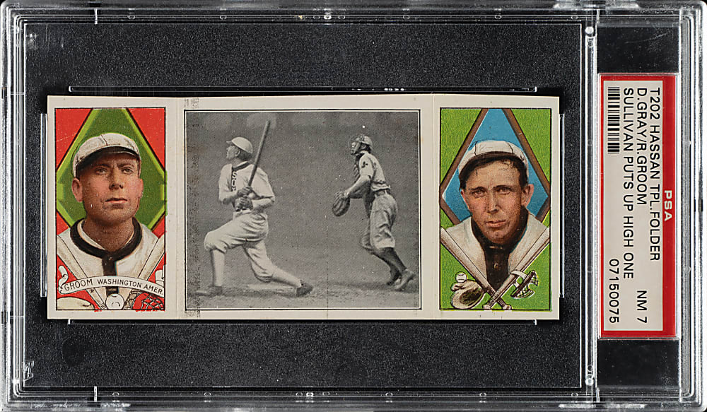 1912 T202 Hassan Triple Folder "Sullivan Puts Up a High One" Gray/Groom PSA NM 7