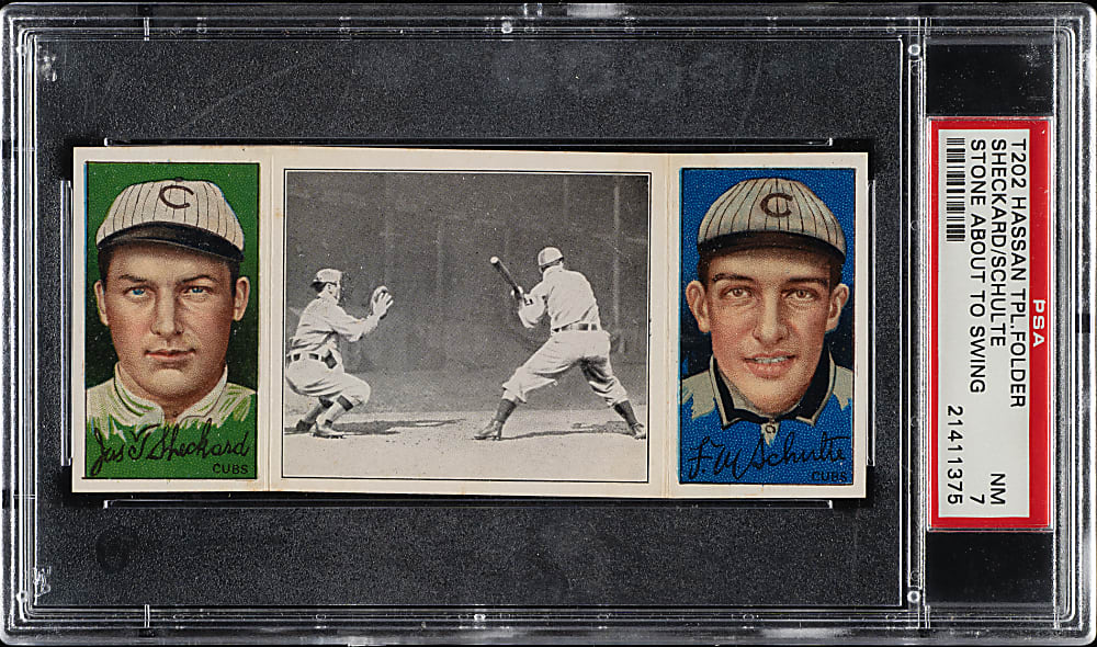 1912 T202 Hassan Triple Folder "Stone About To Swing" Schulte/Sheckard PSA NM 7
