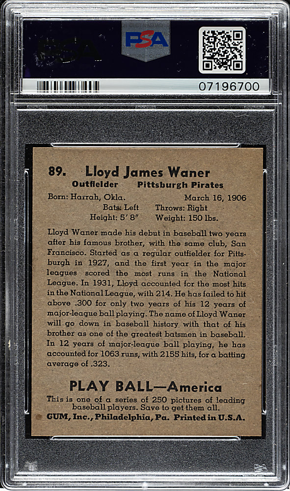 1939 R334 Play Ball #89 Lloyd Waner PSA MINT 9 - Highest Graded!