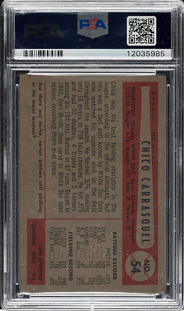 1954 Bowman #54 Chico Carrasquel PSA GEM MINT 10 - 1 of 2 - Highest Graded!