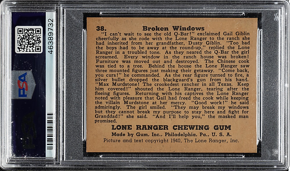 1940 R83 Gum, Inc. "Lone Ranger" #38 "Broken Windows" PSA NM-MT 8