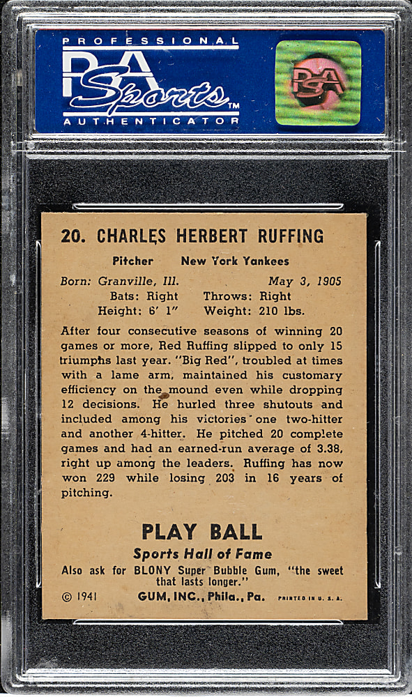 1941 R336 Play Ball #20 Red Ruffing PSA NM-MT 8