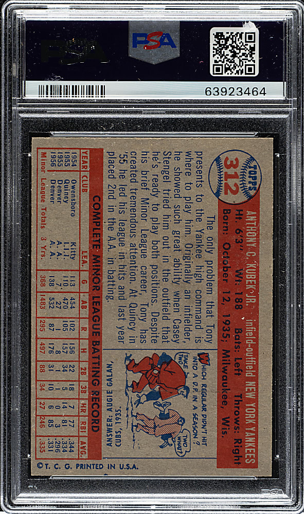 1957 Topps #312 Tony Kubek Rookie PSA NM-MT 8