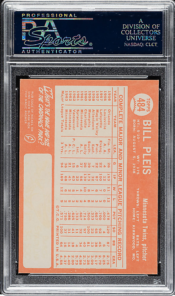 1964 Topps #484 Bill Pleis PSA GEM MINT 10