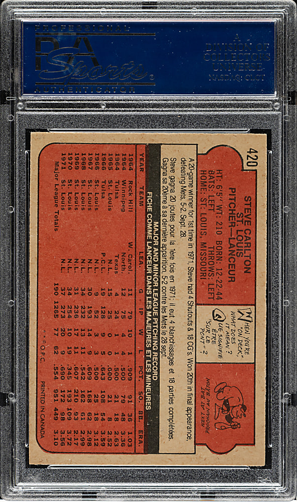 1972 O-Pee-Chee #420 Steve Carlton PSA GEM MINT 10