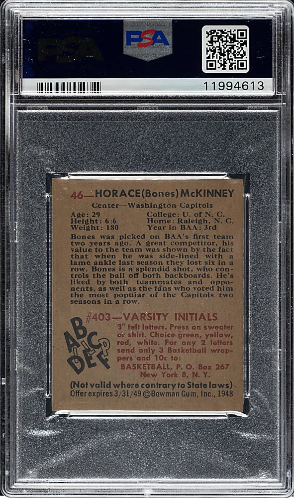 1948 Bowman Basketball #46 Horace McKinney Rookie PSA MINT 9