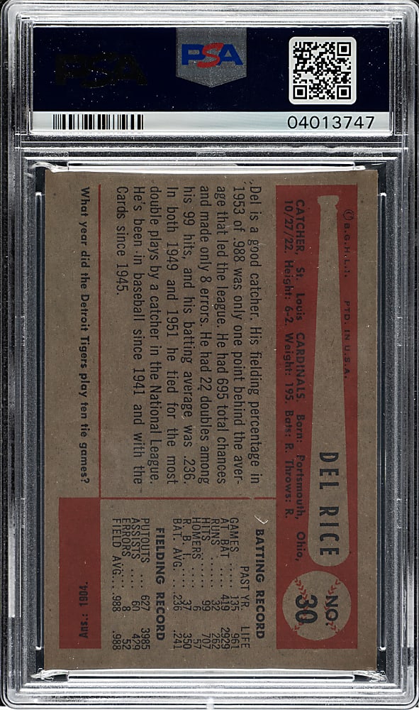 1954 Bowman #30 Delbert Rice PSA GEM MINT 10