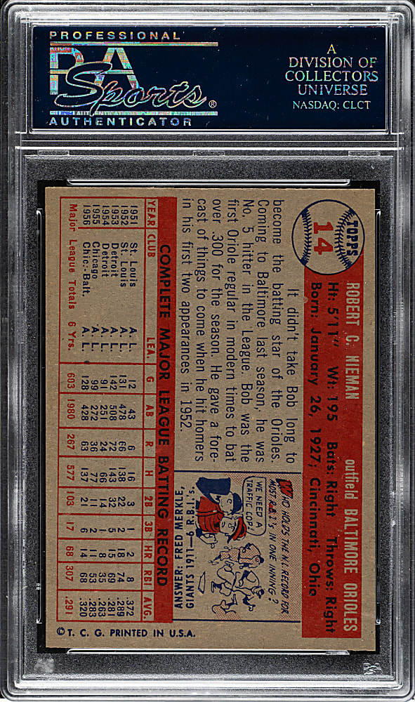 1957 Topps #14 Bob Nieman PSA MINT 9