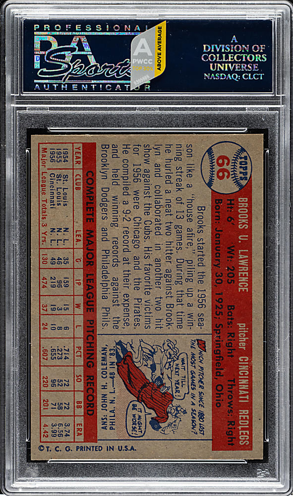 1957 Topps #66 Brooks Lawrence PSA MINT 9